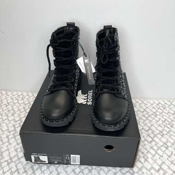 SOREL Lennox Genuine Shearling Waterproof Lace-Up Boot, Black/White, size 7.5 - Picture 5 of 7